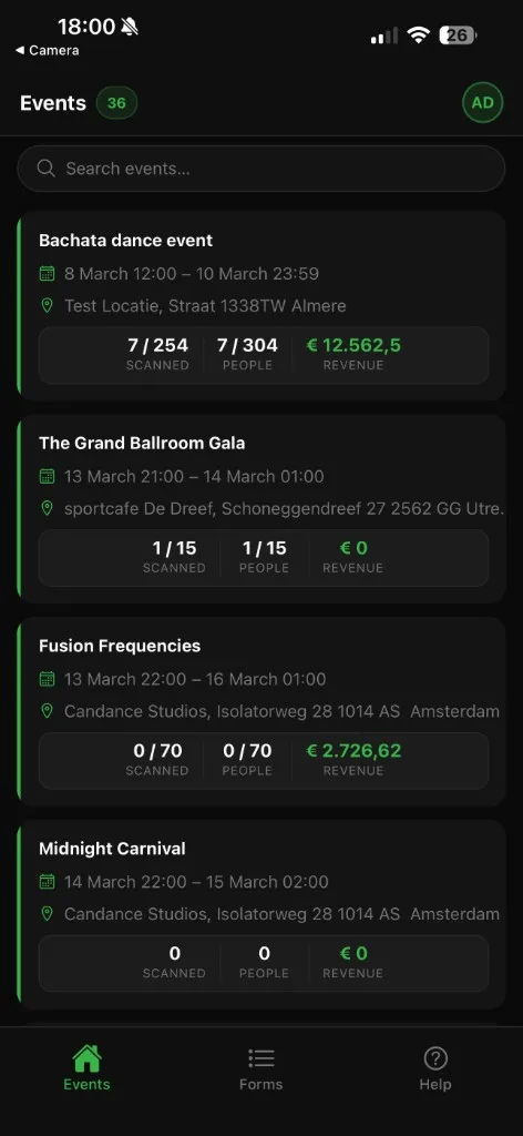 Evenementenoverzicht in de i-Ticketz Scannerapp